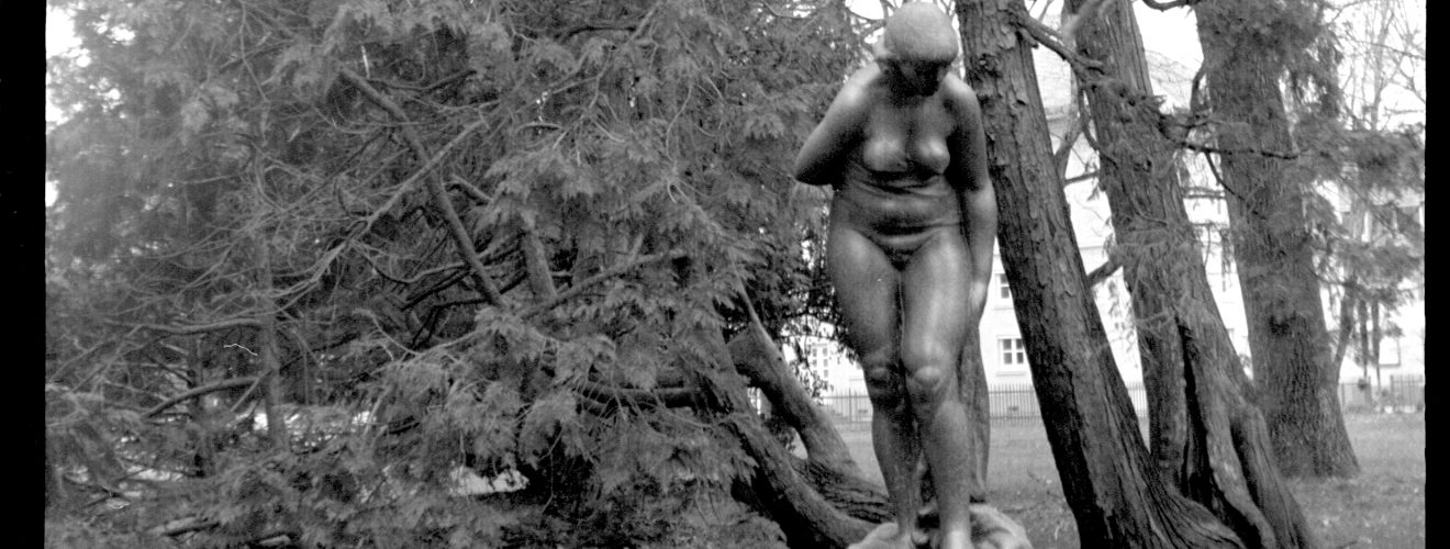 Statue im botanischen Garten Karlsruhe aufgenommen mit einer Zeiss Ikon Tengor Box 55/2 mit Goerz Frontar 105mm/1:11 auf Fomapan 100
